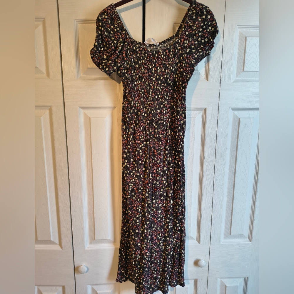 Pink Rose Floral Black Dress